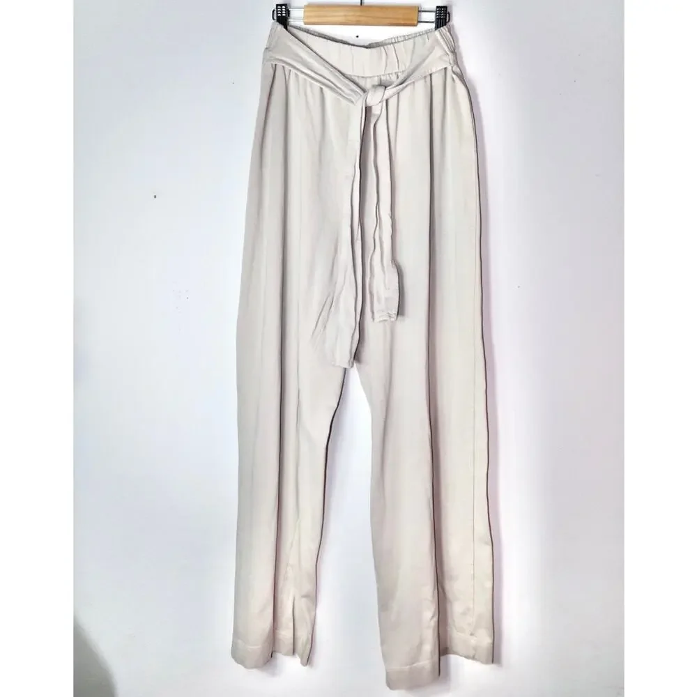 Zara High-Waisted Wide Leg Cropped Linen Blend Tie Pants Cream Off White Large
